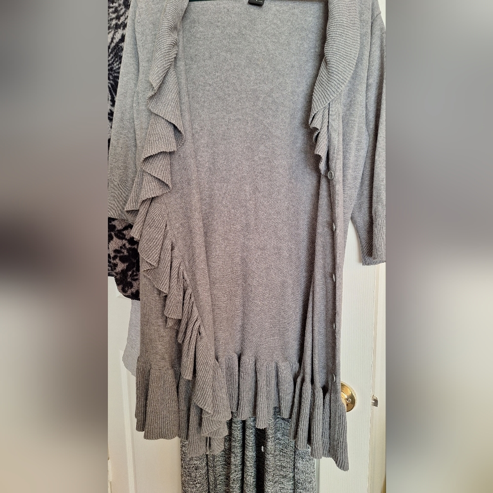 New Directions Long, Ruffled, Buttoned Cardigan - Picture 4 of 11